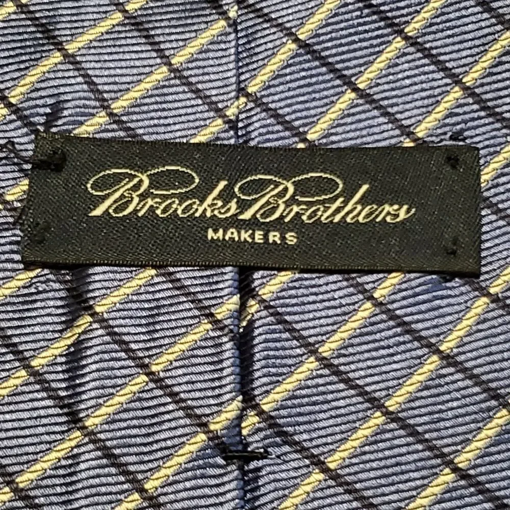 Brooks Brothers Makers Silk Tie Gold Blue Basket Weave Geometric 58 x 3.75